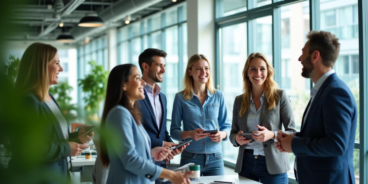 Team che collabora felicemente in un ufficio moderno e luminoso