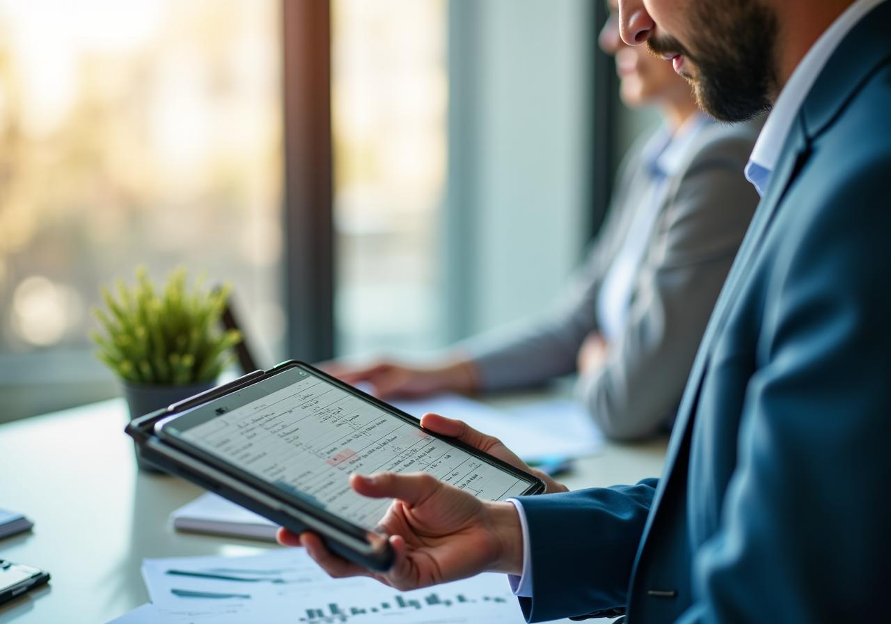 Professionista HR che analizza dati finanziari su tablet in un ufficio moderno