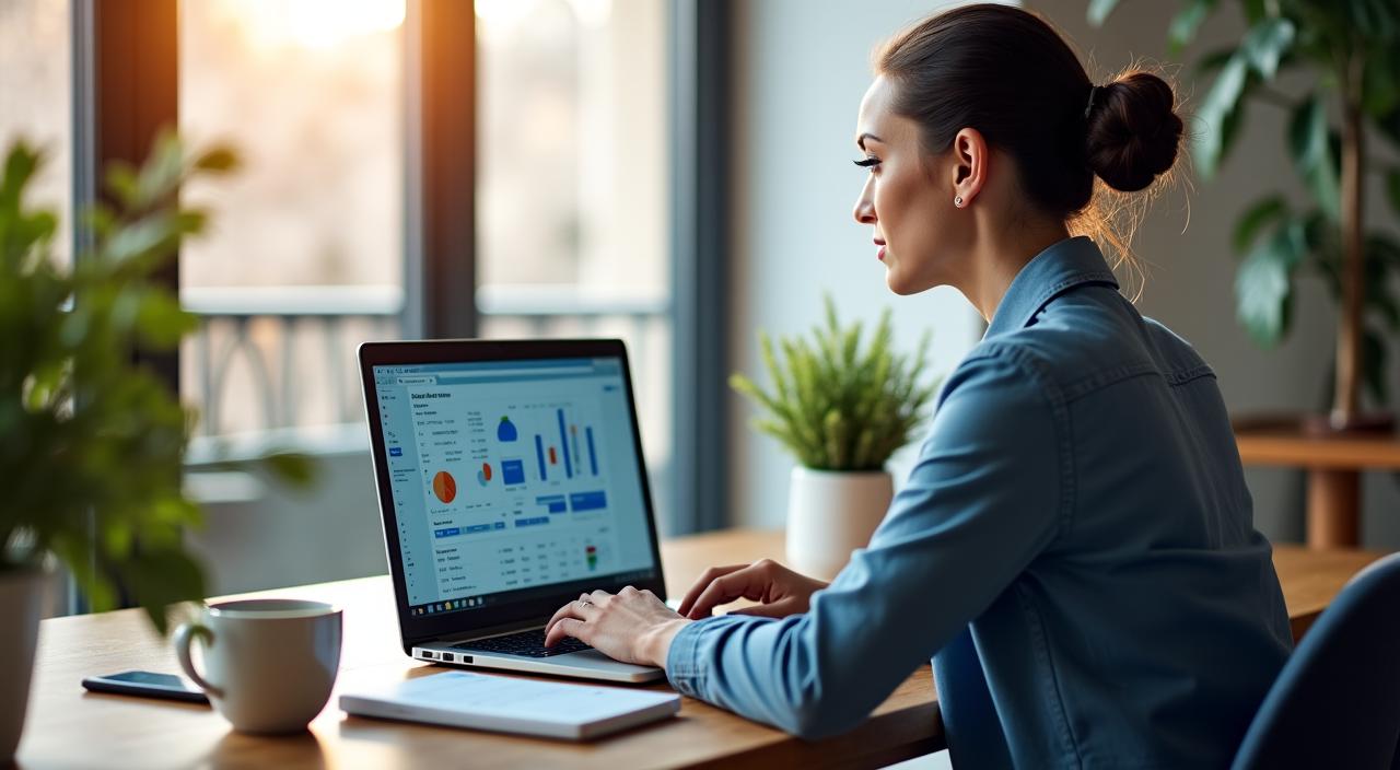 Professionista che lavora da remoto con dashboard finanziaria